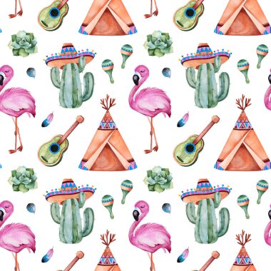 beyaz arka plan, Meksika tema izole suluboya flamingo kuşlar ve kaktüsler 