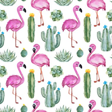 beyaz arka planda izole suluboya flamingo kuşlar ve kaktüsler