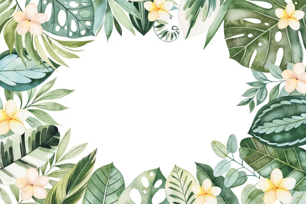 Στρογγυλό Πλαίσιο Πράσινων Τροπικών Φύλλων Και Λουλουδιών Απομονωμένων Λευκό Φόντο — Φωτογραφία Αρχείου