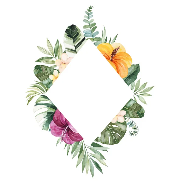 Rahmen Aus Grünen Tropischen Blättern Und Blüten Isoliert Auf Weißem — Stockfoto