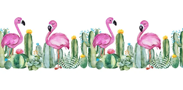 Aquarel Flamingo Vogels Cactussen Geïsoleerd Witte Achtergrond — Stockfoto