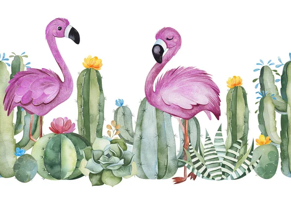Aquarel Flamingo Vogels Cactussen Geïsoleerd Witte Achtergrond — Stockfoto