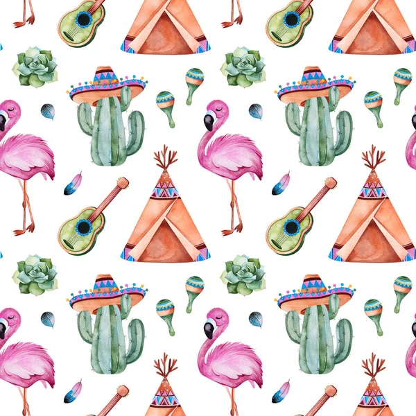 Aquarel Flamingo Vogels Cactussen Geïsoleerd Witte Achtergrond Mexicaans Thema — Stockfoto