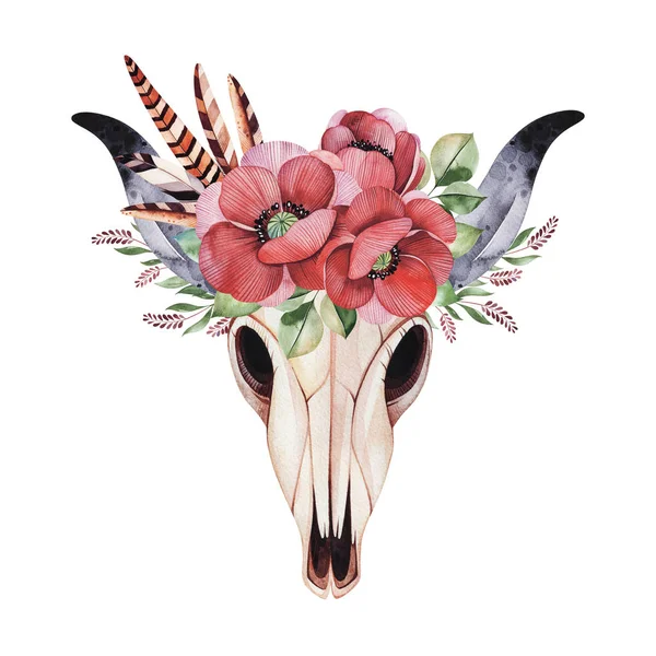 Tête de crâne de taureau aquarelle avec tournesols — Photo