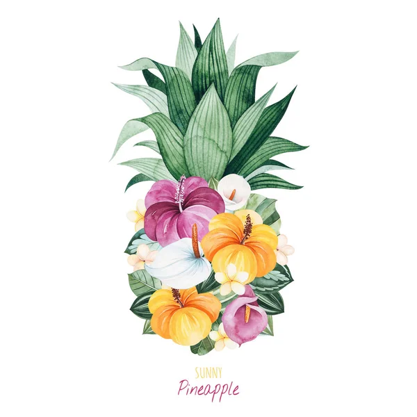 Akvarel Kvetoucí Květiny Tvaru Ananasu Izolované Bílém Pozadí — Stock fotografie