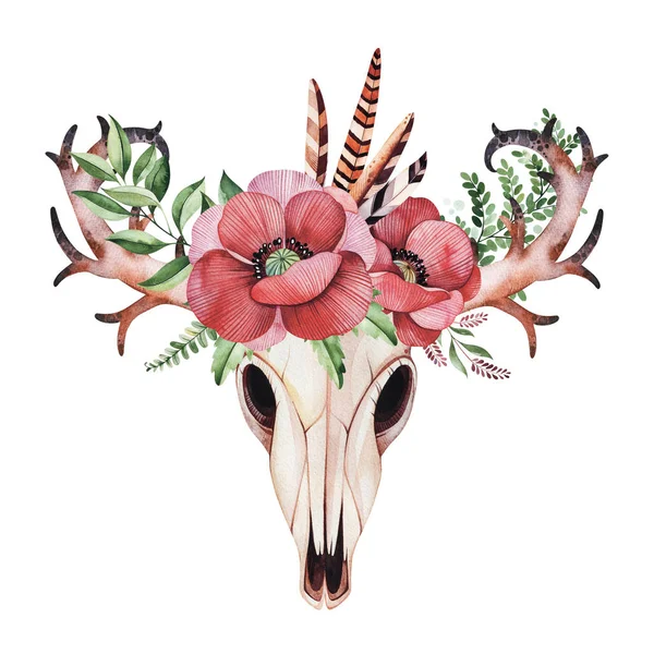 Watercolor bull skull head with sunflowers — Stock Photo, Image