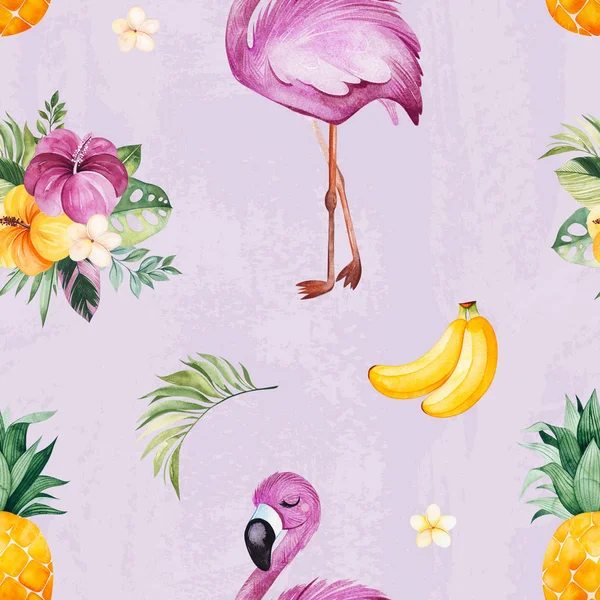 Flamingó Madarak Gyümölcsök Virágok Rózsaszín Háttér — Stock Fotó