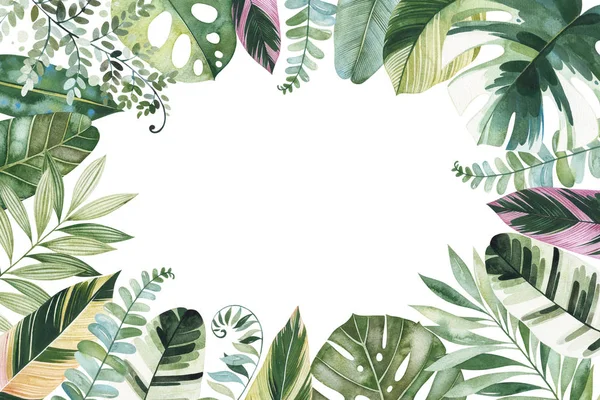 Runder Rahmen Aus Grünen Tropischen Blättern Isoliert Auf Weißem Hintergrund — Stockfoto