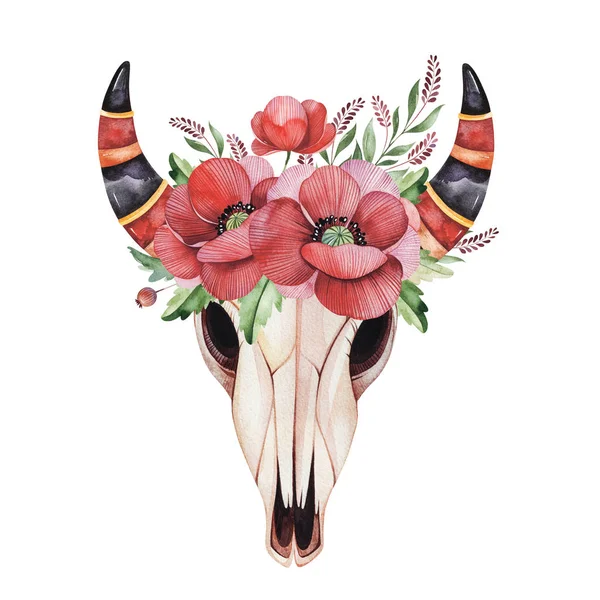Akvarell bull skallen huvudet med solrosor — Stockfoto
