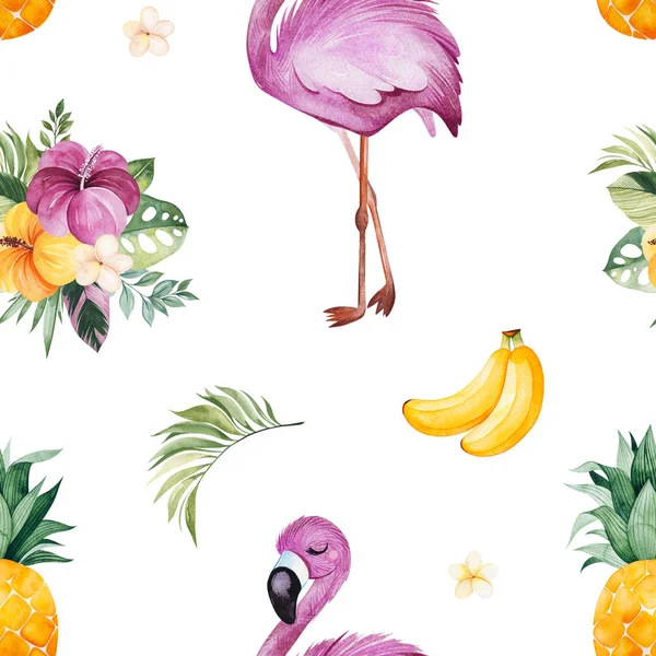 Flamingó Madarak Gyümölcsök Virágok Fehér Alapon — Stock Fotó