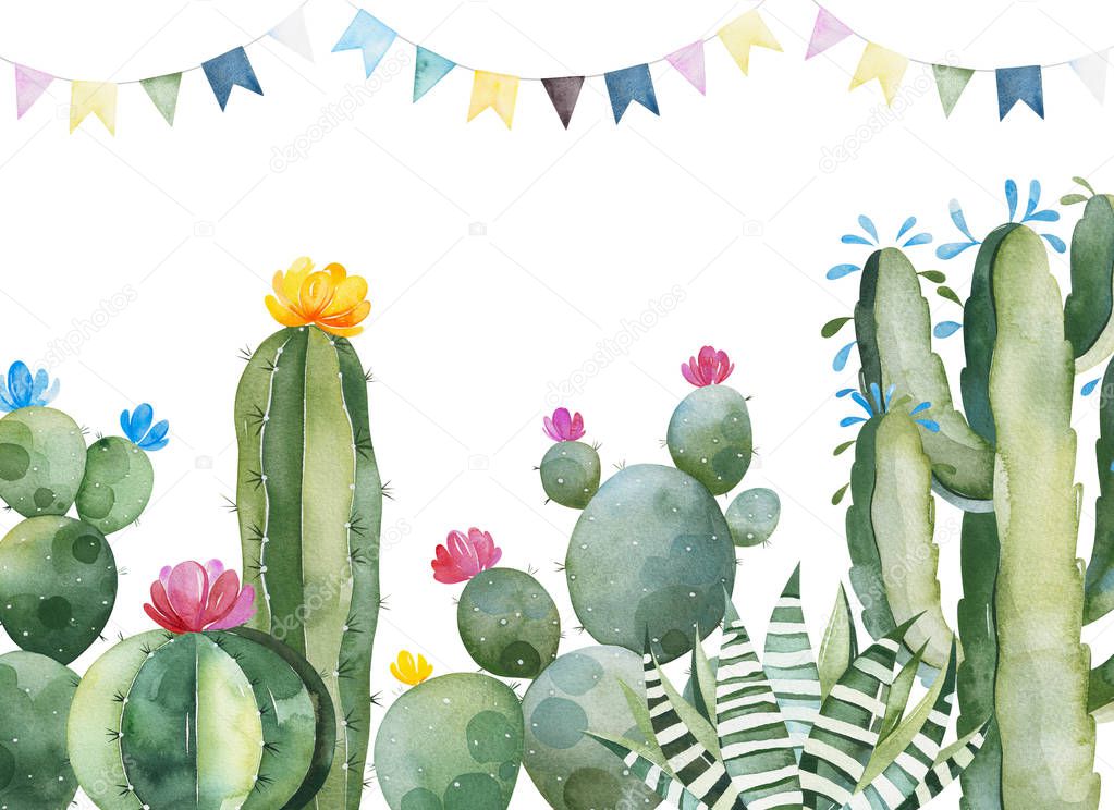 watercolor blooming cactuses and garland isolated on white background