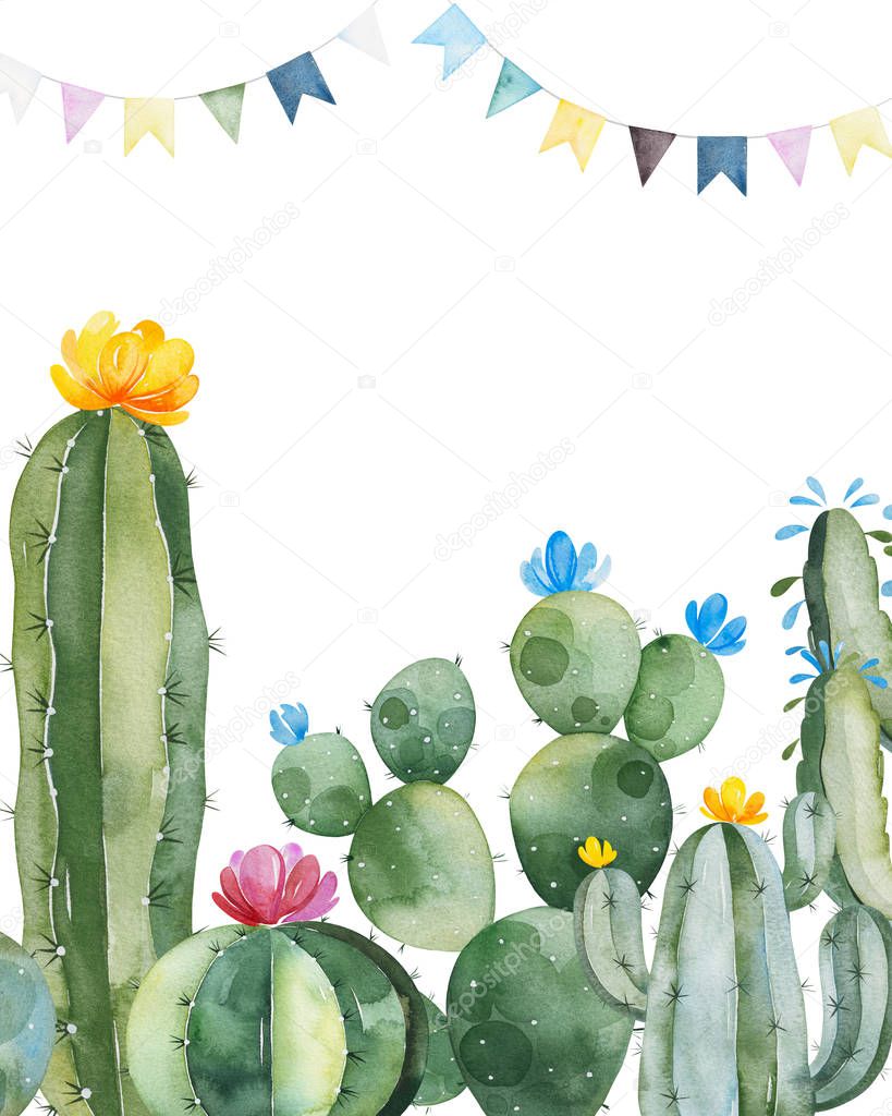 watercolor blooming cactuses and garland isolated on white background
