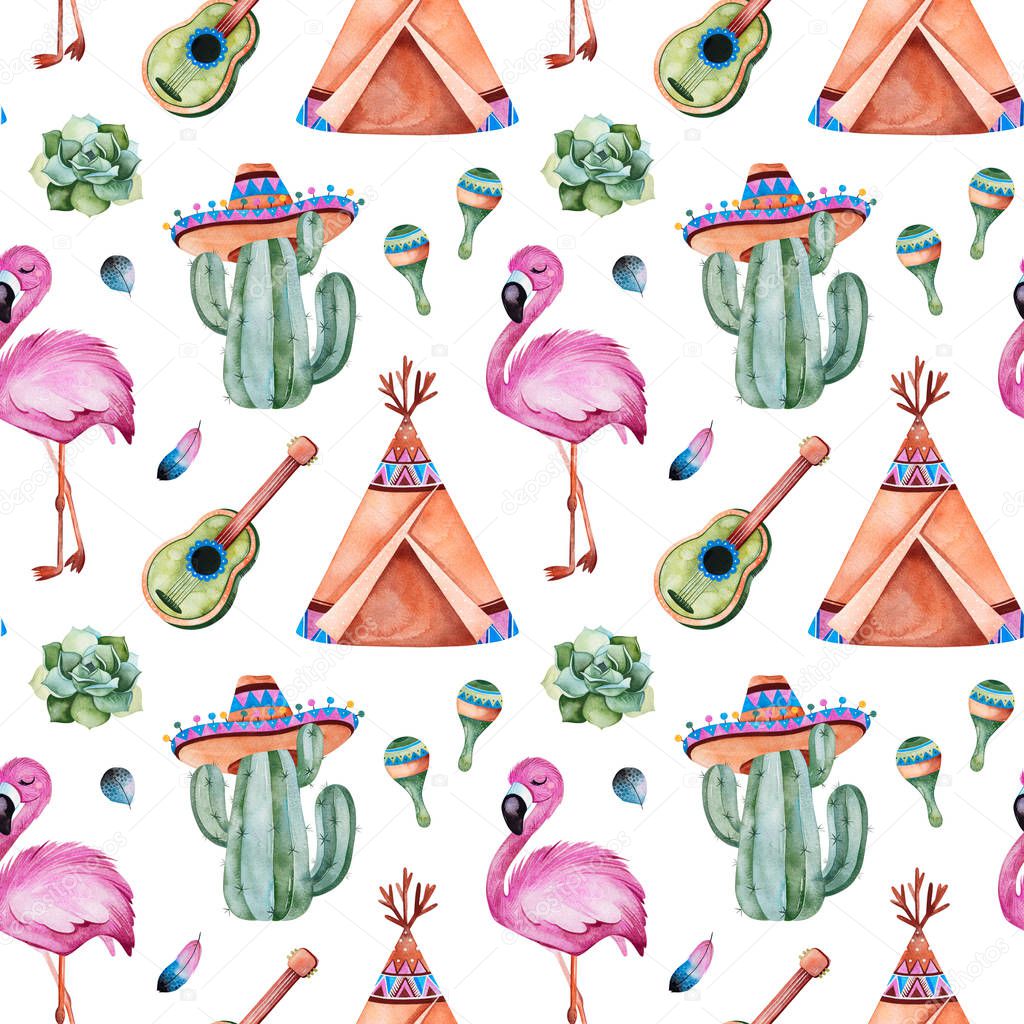 watercolor flamingo birds and cactuses isolated on white background, Mexican theme 