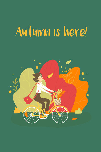 Autumn mood hand drawn card. Autumn is here. Girl riding a bike and enjoying a warm autumn day. — Stock Vector