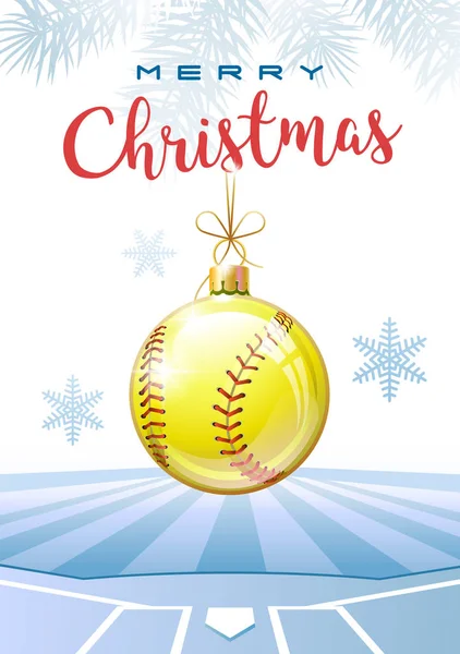 Merry Christmas. Sports greeting card. Realistic softball ball in the shape of a Christmas ball. Vector illustration.