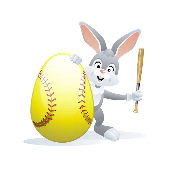 Easter sports greeting card. Cute Rabbit with Softball Egg and bat. Vector illustration.