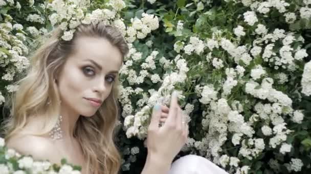 Chica y cereza floreciente. La chica está sentando estilo de vida en la naturaleza floreciendo cerezo de jardín — Vídeo de stock