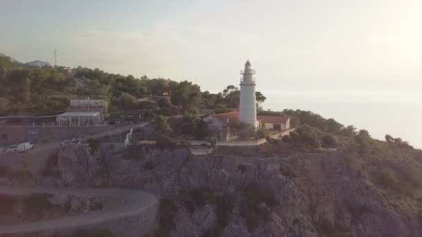 Port de Soller lighthouse aerial view, Majorca. Mediterranean sea. — Stock Video