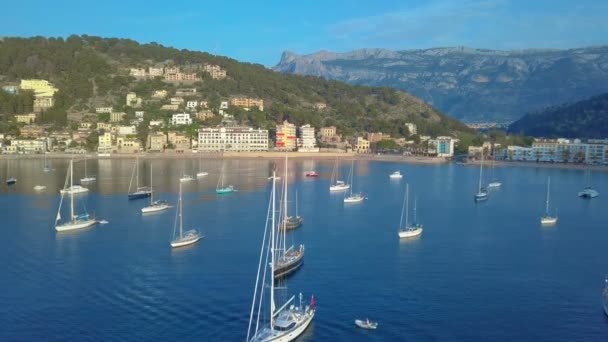 Aerial view. Yacht and sailboats moored at the quay — Stock Video