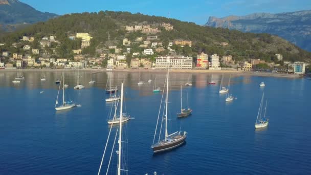 Aerial view. Yacht and sailboats moored at the quay — Stock Video