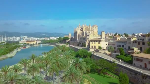 遊歩道、マヨルカ島のパルマ ・ デ ・ マリョルカ大聖堂の航空写真 — ストック動画