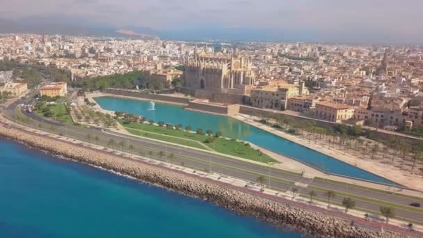 Vista aérea do passeio marítimo e da catedral de Palma de Maiorca, em Maiorca — Vídeo de Stock