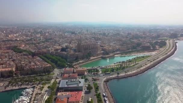 Vista aérea Catedral de Palma de Mallorca y Castillo de la Almudaina. Hermosa arquitectura gótica con vistas a la orilla del mar, isla de Mallorca, España . — Vídeos de Stock