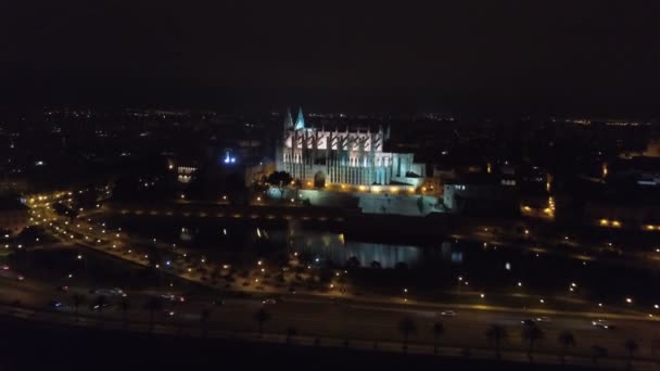 Luftaufnahme bei Nacht Kathedrale von Santa Maria von Palma — Stockvideo