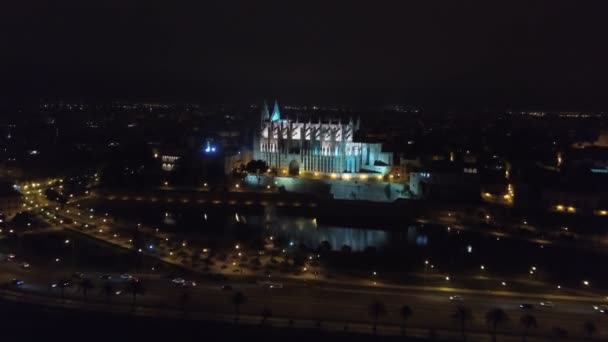 Повітряні fottage в Catedral де Санта-Марія-де-Пальма де Майорка вночі — стокове відео