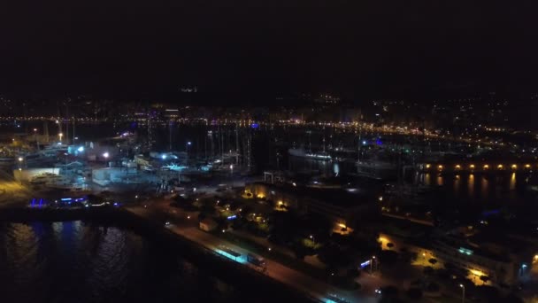 Antenn fottage Catedral de Santa Maria de Palma de Mallorca på natten — Stockvideo