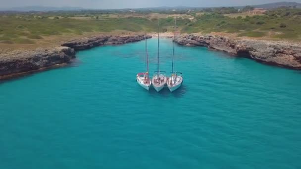 Vista superior dos barcos à vela na lagoa azul. Nadadores desfrutando em mar azul claro . — Vídeo de Stock