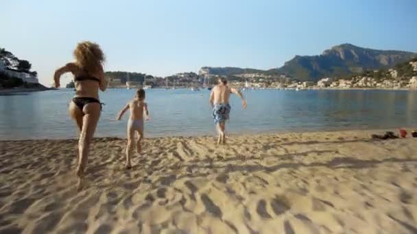 Silhouette familiare al tramonto vicino al mare mamma papà Bambini — Video Stock