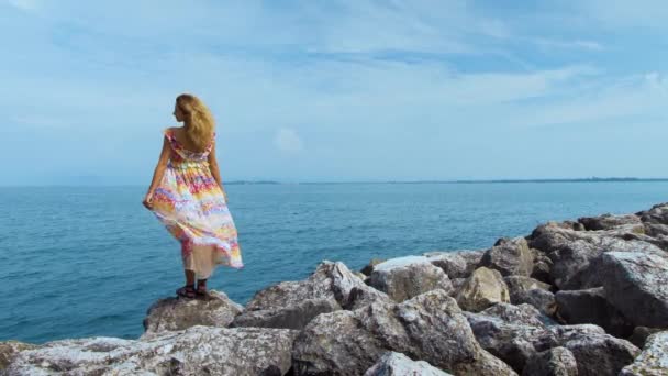 Chica en un hermoso vestido está de pie en la costa — Vídeo de stock