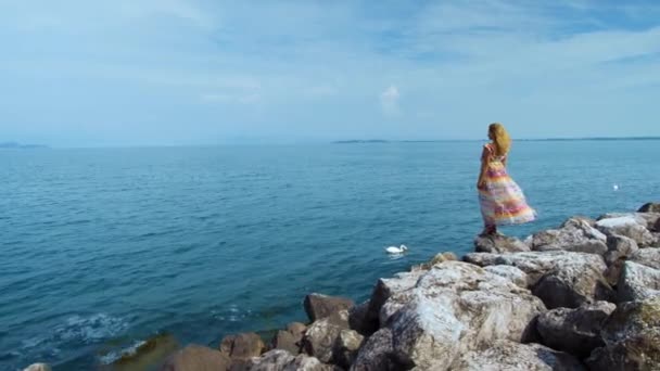 Chica en un hermoso vestido en piedras mirando al océano — Vídeo de stock