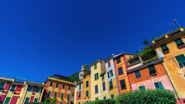 Πολύχρωμα σπίτια σε Πορτοφίνο σε μια ηλιόλουστη μέρα, Λιγουρία, Ιταλία — Αρχείο Βίντεο