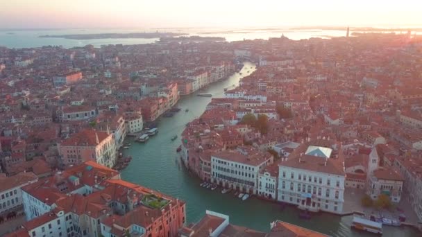 Aerial panoramic view of cityscape of Venice, Grand Canal in famous historical City of Water, clear blue sky, landscape panorama of Italy from above, Europe