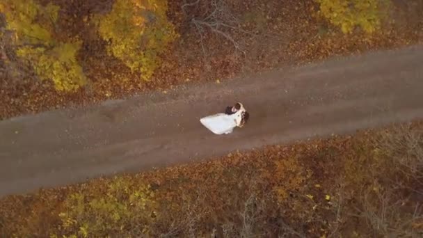 Повітряний Вид Красиву Привабливу Пару Святкують Своє Весілля Осінньому Лісі — стокове відео