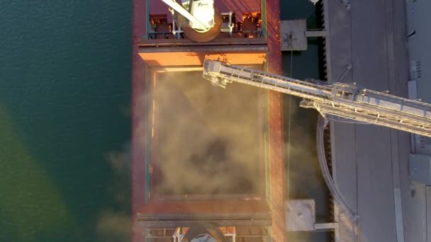 Aerial view of big grain elevators on the sea. Loading of grain on a ship. Port. Cargo ship — Stock Video