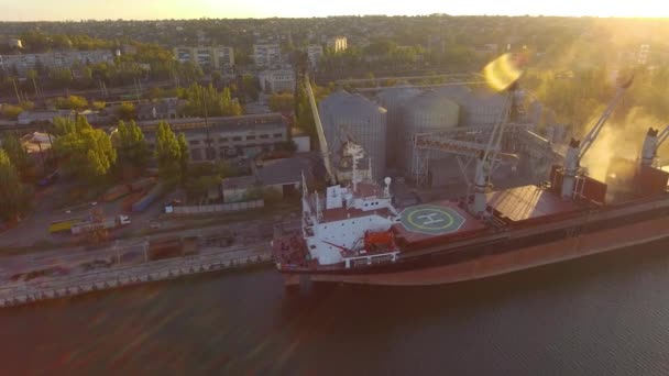 Letecký pohled na velké stroje na zpracování obilí na moři. Načítání z obilí na lodi. Přístav. Nákladní loď — Stock video