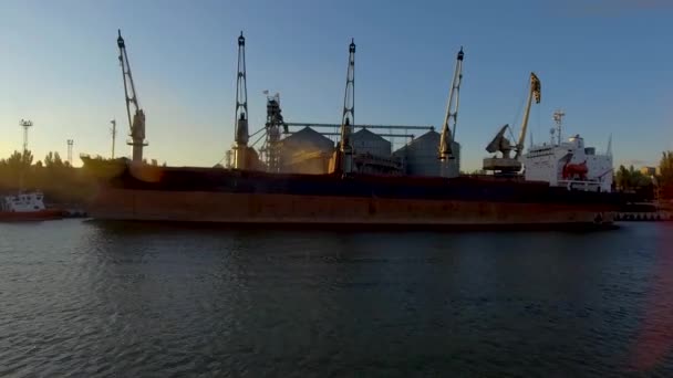 Luftaufnahme großer Getreideaufzüge auf dem Meer. Verladung von Getreide auf einem Schiff. Hafen. Frachtschiff — Stockvideo