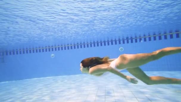 Sexig kvinna i vit bikini dykning i poolen på en solig dag — Stockvideo