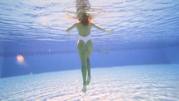 Вид сексуальной девушки под водой в бассейне — стоковое видео