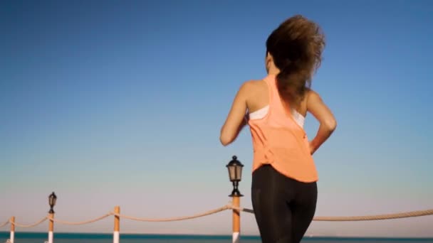 Den vackra flickan löper längs vid solnedgången — Stockvideo