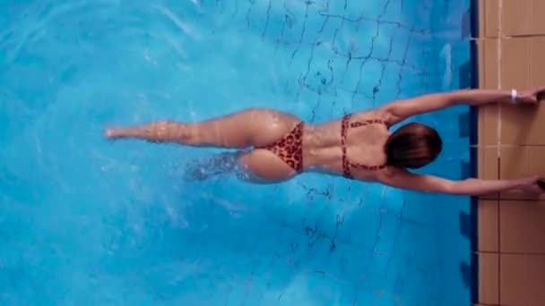 Visa från ovan, den vackra unga kvinnan klängande till pool kanten och sparkar — Stockvideo