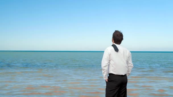 L'uomo d'affari in piedi sulla spiaggia guardando verso il mare — Video Stock