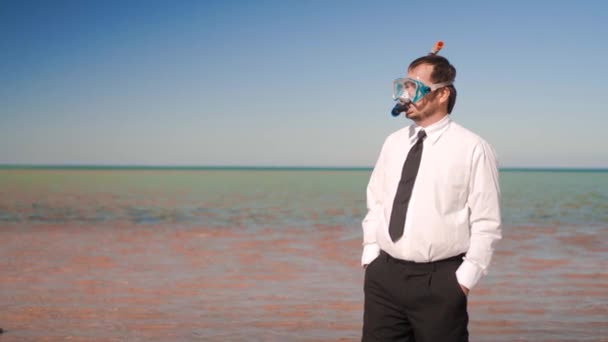 De zakenman staat op het strand in een masker en snorkel — Stockvideo