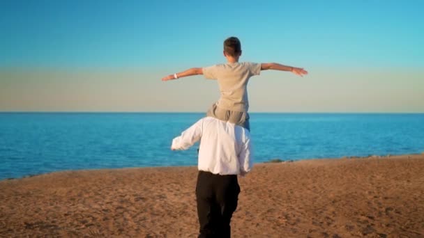 Baba ve oğul gün batımında sahilde — Stok video