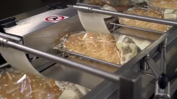 Vágás egy vekni kenyeret, darabokra, és csomagoló zsákok. Vágás kenyér gép. Szeletelt kenyér a gyárban. Gyártási folyamat. Kenyér szelet automata. — Stock videók