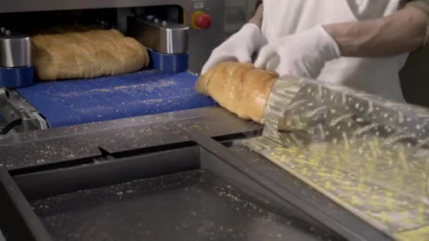 Cortar una hogaza de pan en trozos y empaquetarla en bolsas. Máquina para cortar pan. Pan rebanado en la fábrica. Proceso de fabricación. Máquina automática de rebanada de pan . — Vídeos de Stock