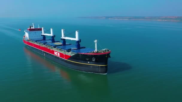 Aerial view of huge ship floating in the sea — Stock Video